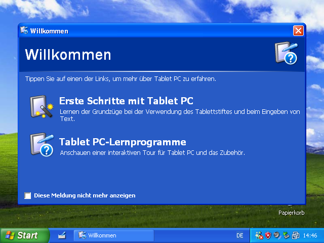 Der erste Start der XP TabletPC Edition